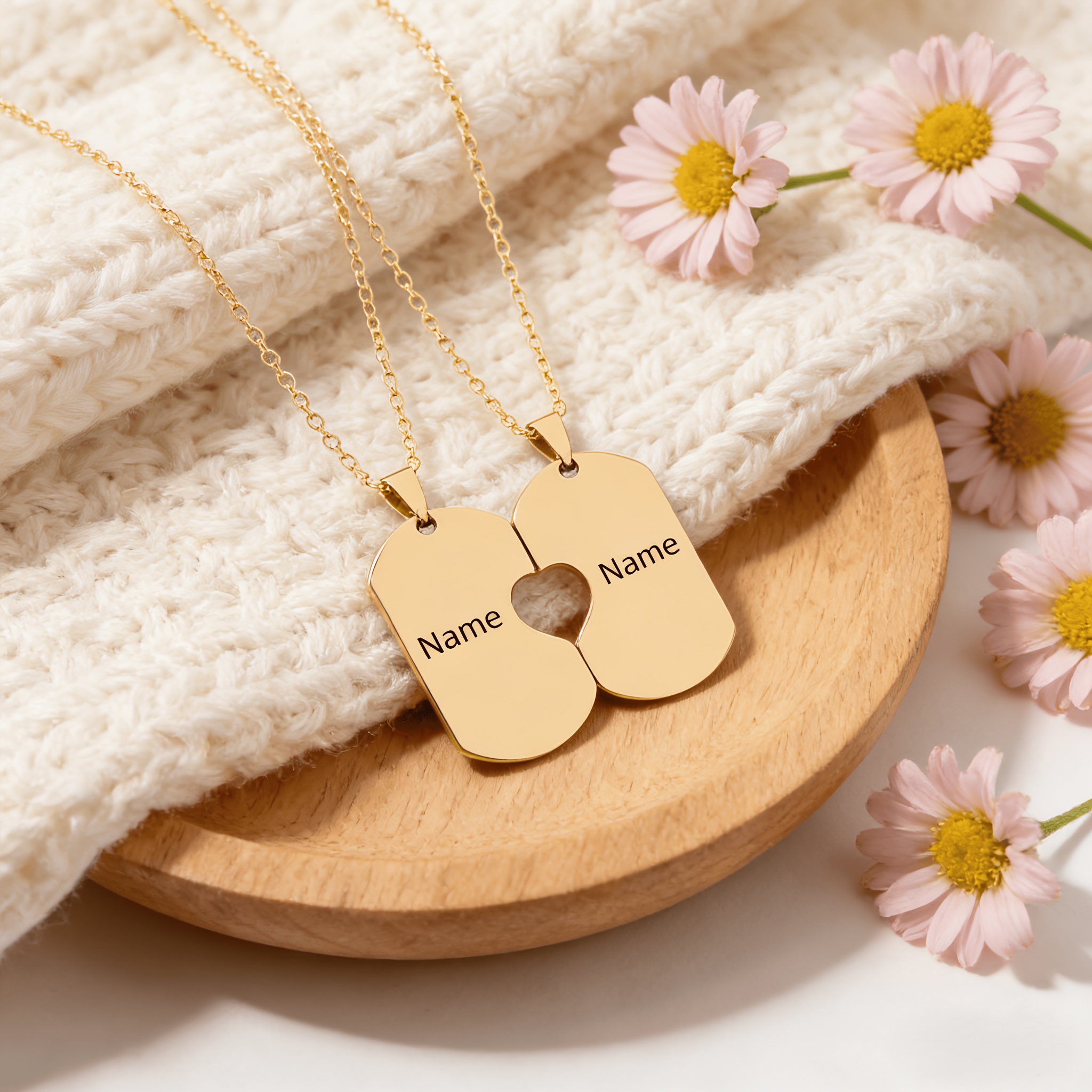 Customized Engraved Name Heart Puzzle Necklace Set
